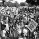 Protesters in the March for Jobs, Peace, and Freedom march up Constitution Avenue in Washington on August 27, 1983.